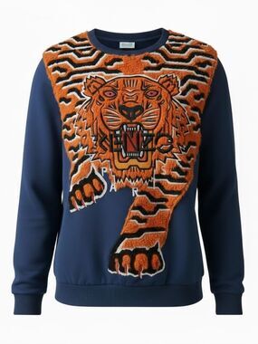 KENZO Paris Tiger Sweatshirt Mens Small Navy Orange Fuzzy Embroidered Crewneck